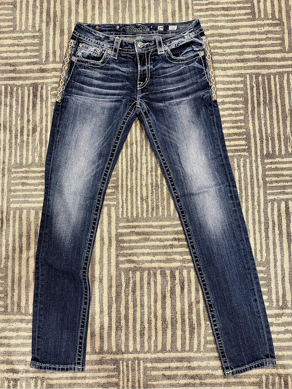 Miss Me Signature Skinny Rhinestone Cross Jeans Blue Waist 29